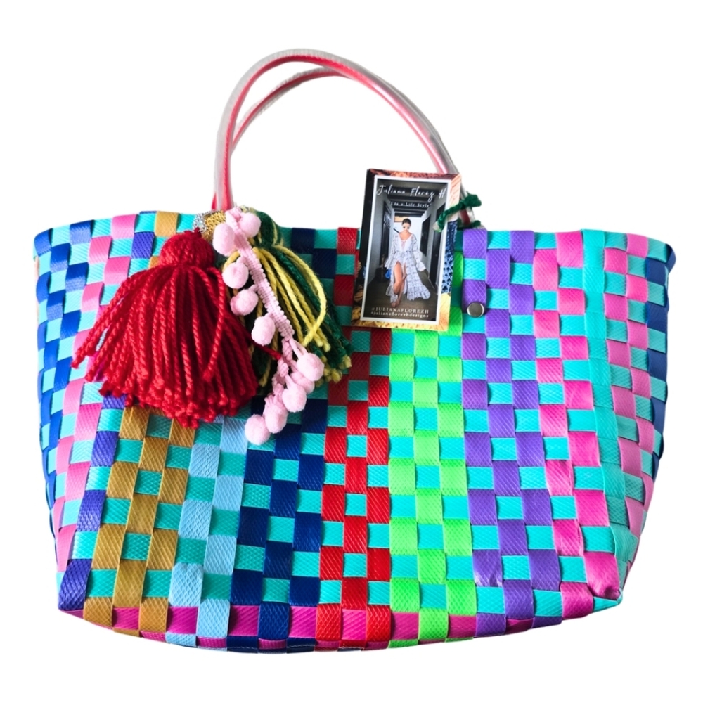 Juliana Florez H Colorful Plastic Woven Mini Bag Tote Pom Pom Charms